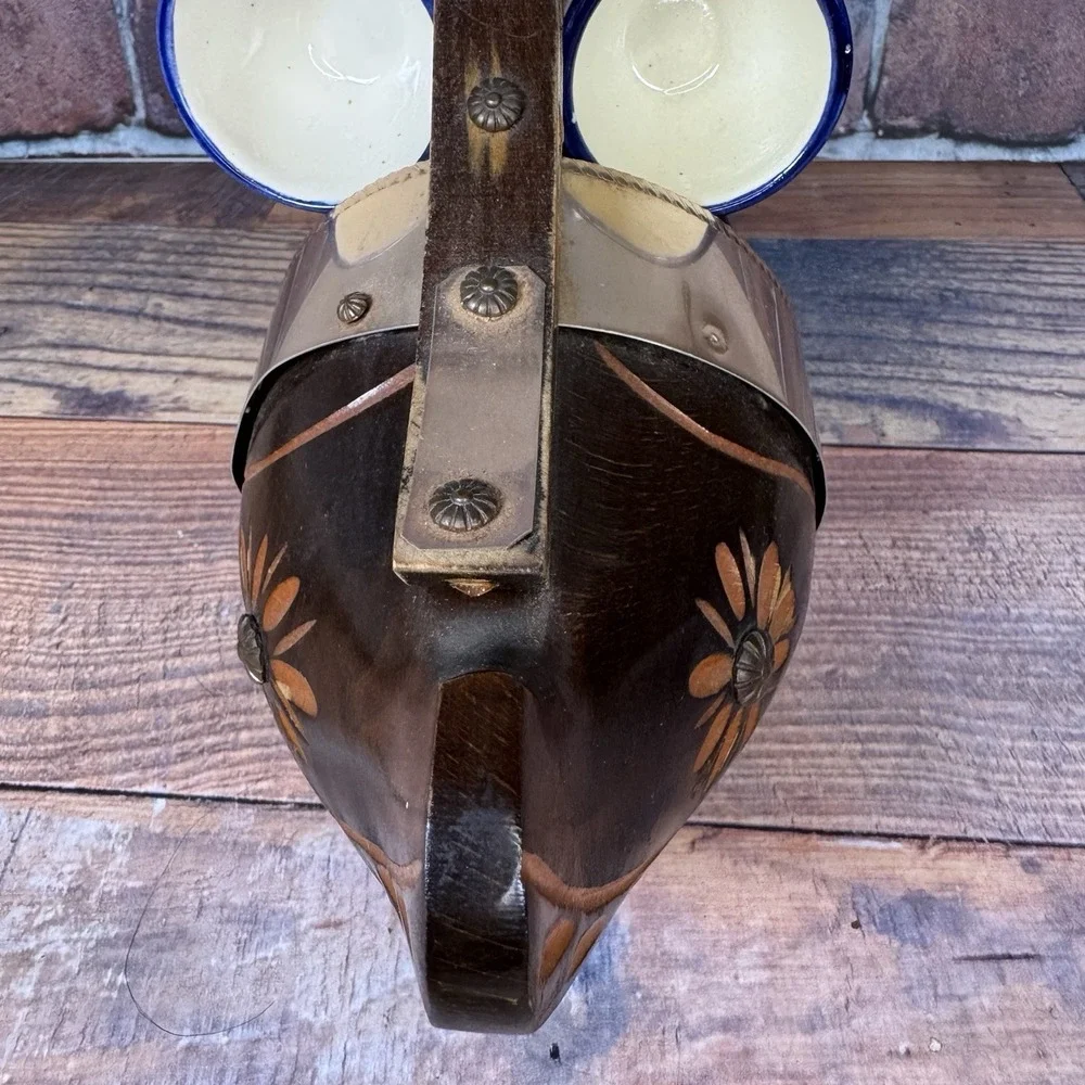 Vintage Dutch Clog Wine Bottle Holder Hand Carved Wooden Shoe W 6 Quimper Cups